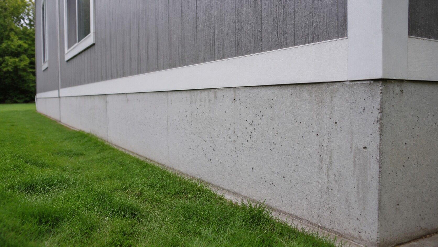 Close-up of a factory-built home's concrete perimeter foundation